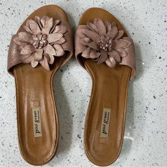 Paul Green Flower Metallic Leather Slide Sandal Mini Block Heel​​​​ - Picture 9 of 10